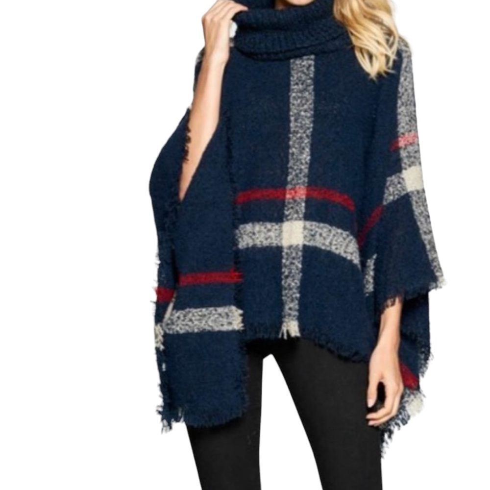 Plaid Navy Poncho Fringe Turtleneck Sweater